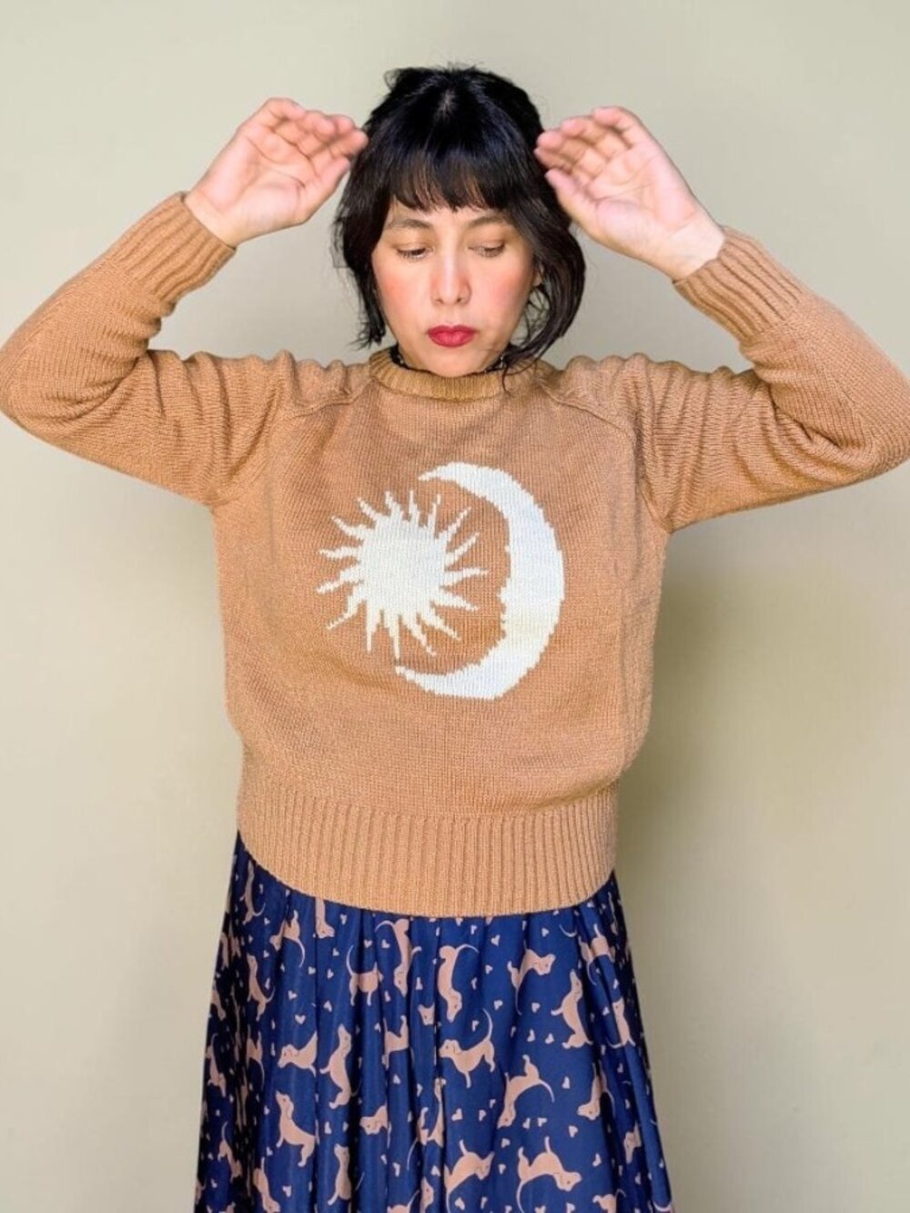 Desert Dreamer moon sun celestial cream tan fairy whymsy boho knit sweater W's S